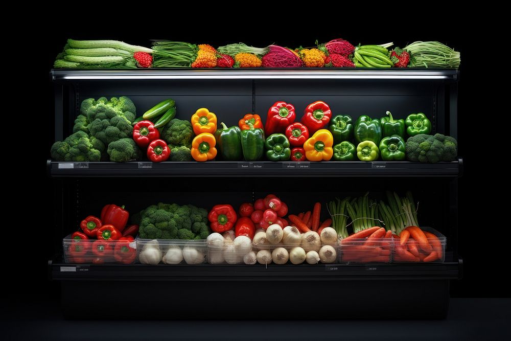Supermarket fresh vegetable shelf plant food.