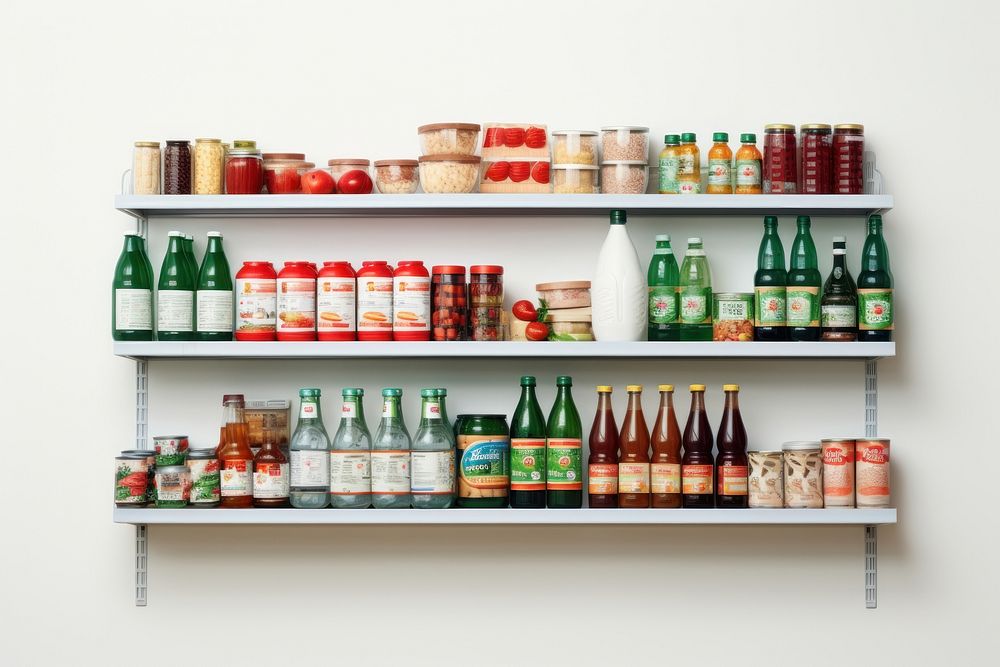 Shelf supermarket pantry food.