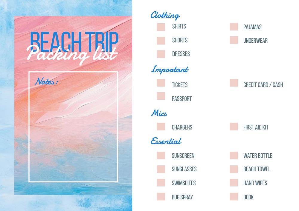 Summer packing list planner template design