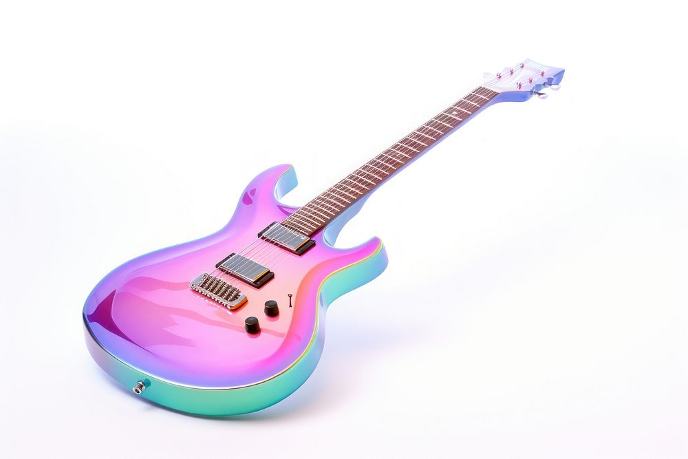 A guitar icon iridescent white background fretboard magenta.