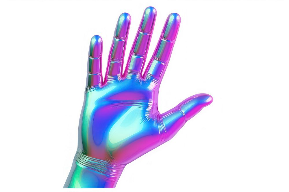 A hand icon iridescent glove white background futuristic.