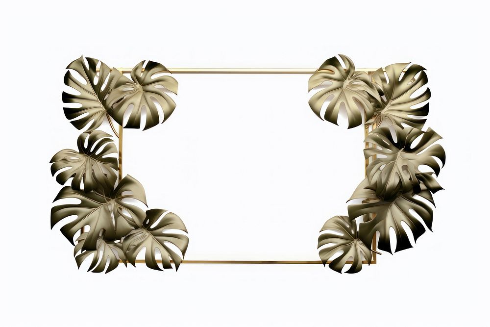 Gold monstera leaves frame jewelry white background accessories.