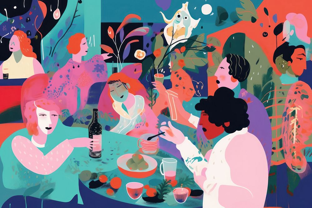 People enjoying at cafe collage painting art togetherness. AI generated Image by rawpixel.