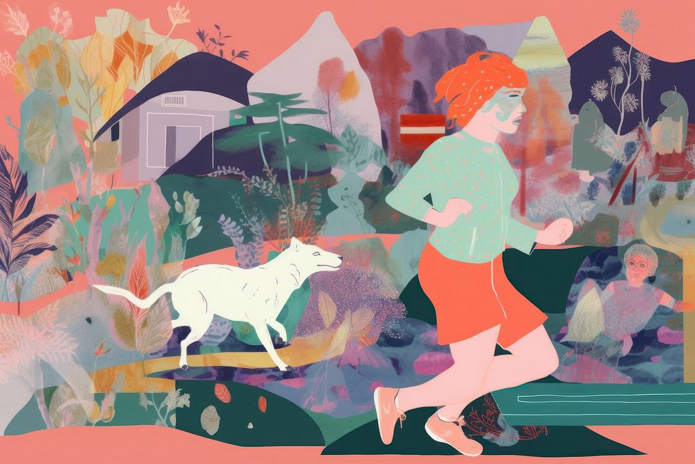 Woman jogging collage painting animal mammal. AI generated Image by rawpixel.