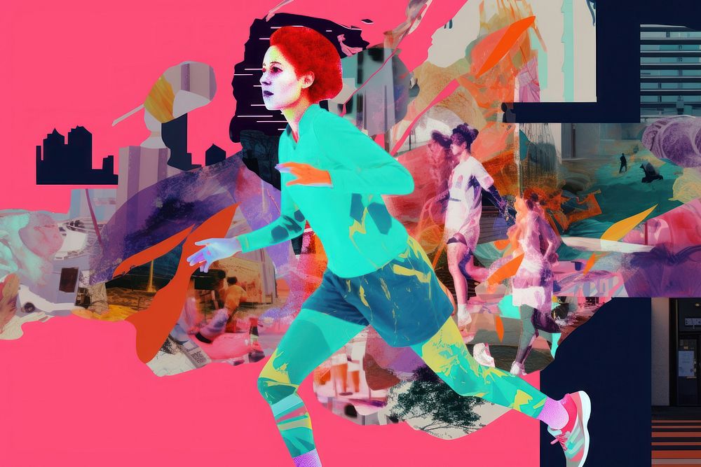 Woman jogging collage painting art vibrant color. AI generated Image by rawpixel.