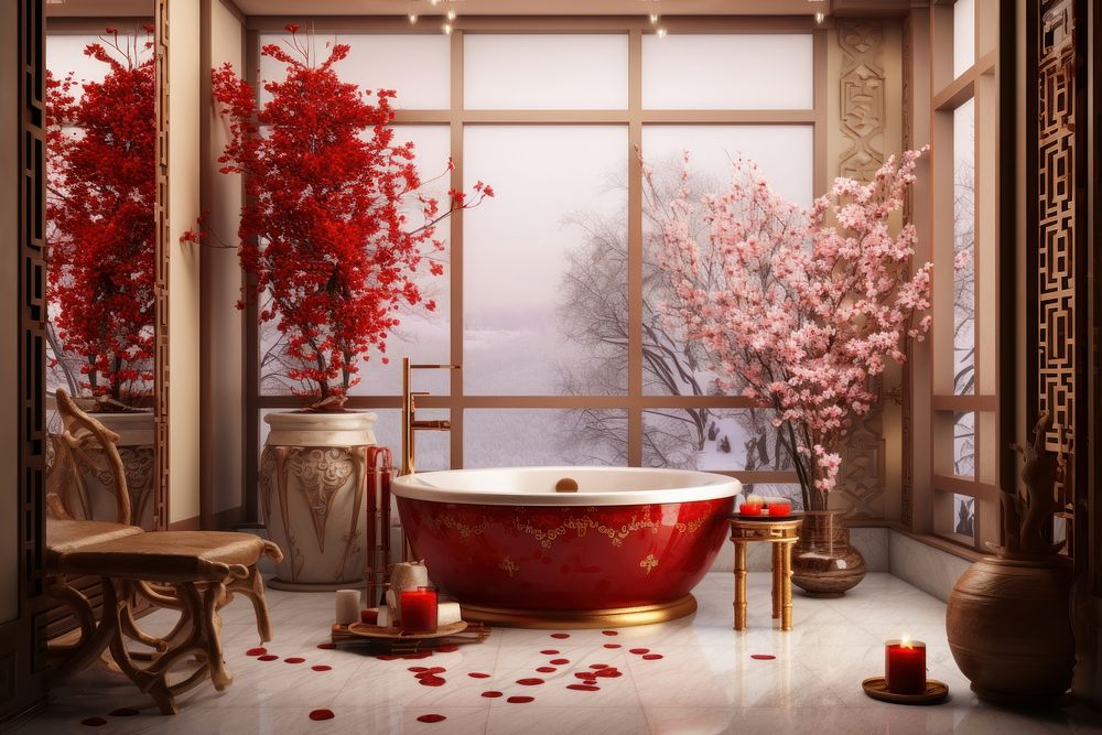 Chinese New Year style of bathroom bathtub flower plant.