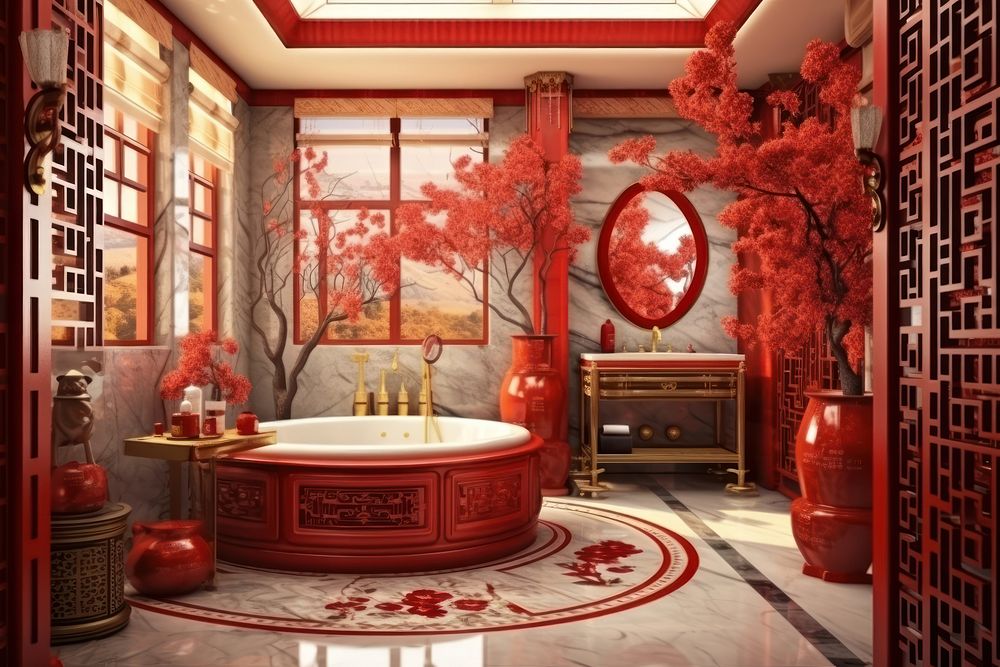 Chinese New Year style of bathroom bathtub architecture building.
