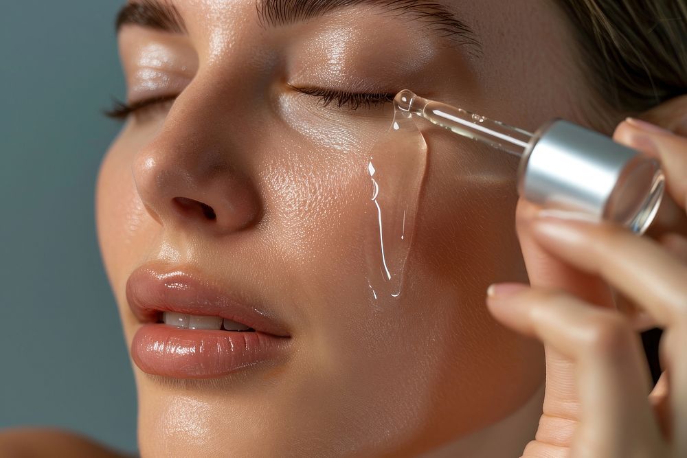 Woman applying facial serum drops cosmetics skin face. 