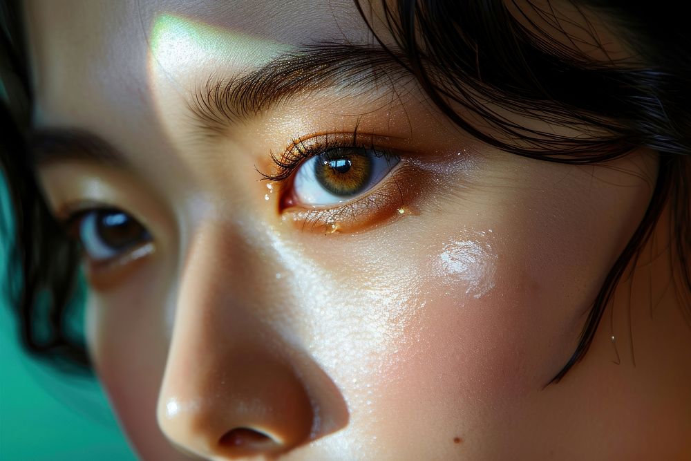 A Singaporean woman south east asian wearing applying serum portrait skin forehead.