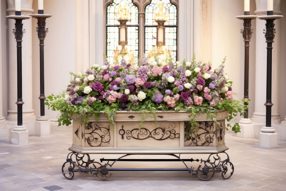 Coffin decorated flower architecture church.
