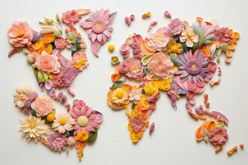 Flowers on a world map pattern yellow petal.