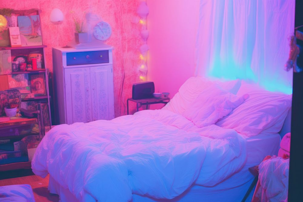 A bedroom furniture architecture illuminated.