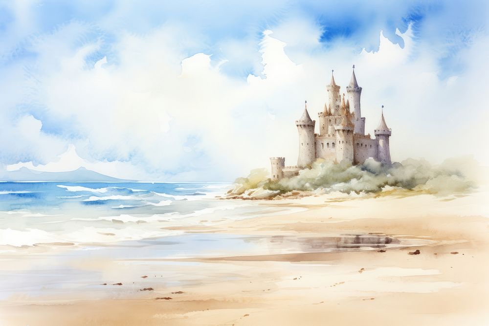 Beach with sand castle painting architecture landscape.