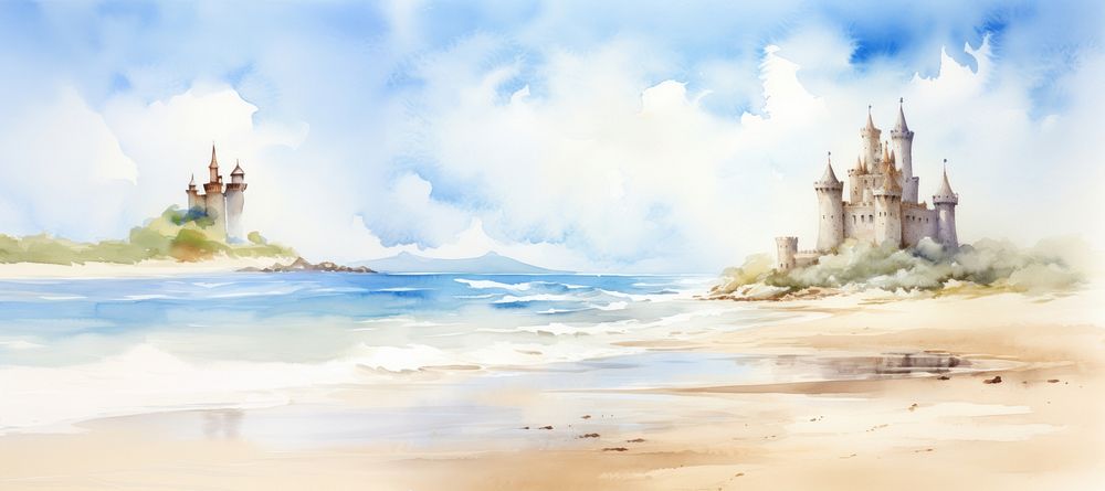 Beach with sand castle landscape painting outdoors.