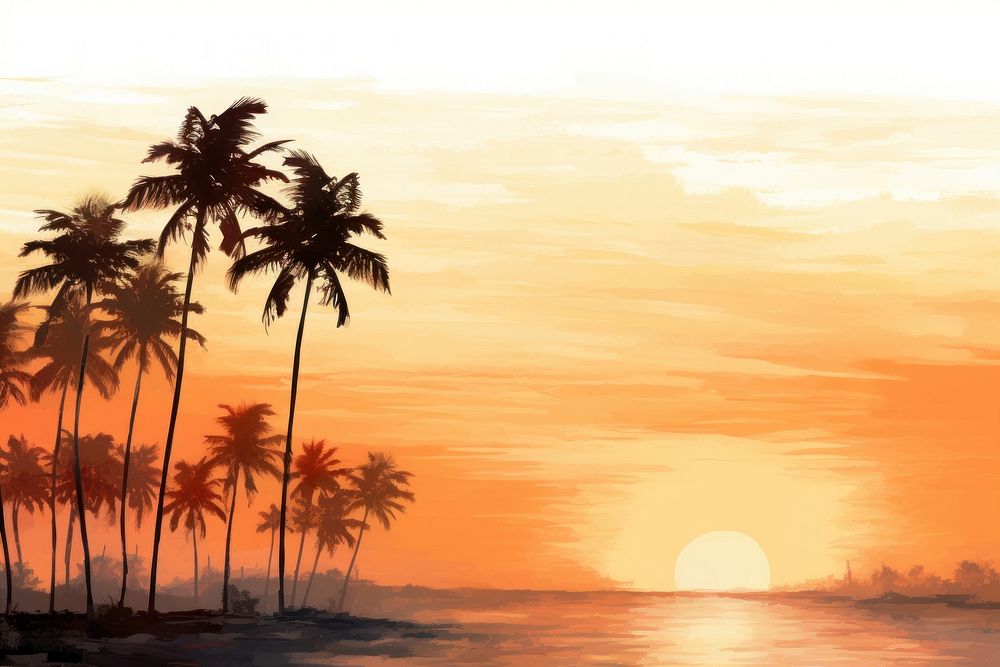 Painting of coconut trees landscape sunset nature.