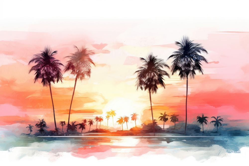 Painting of coconut trees sunset nature landscape.