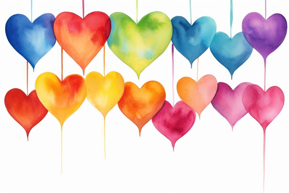 Painting of hanging rainbow hearts balloon backgrounds creativity.