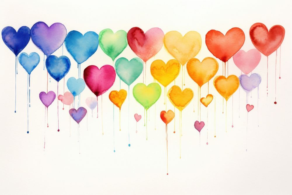 Painting of hanging rainbow hearts balloon backgrounds celebration.