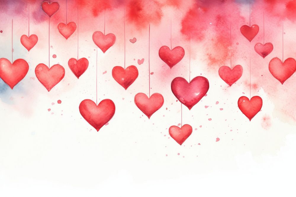 Painting of hanging red hearts backgrounds celebration splattered.