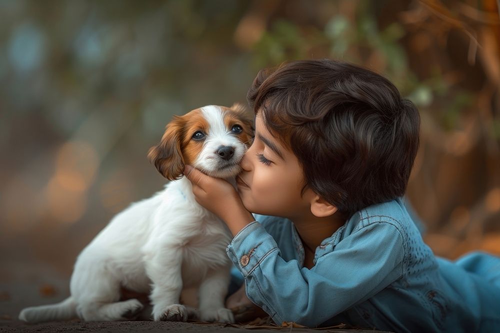 Middle eastern boy kissing his puppy portrait mammal animal.