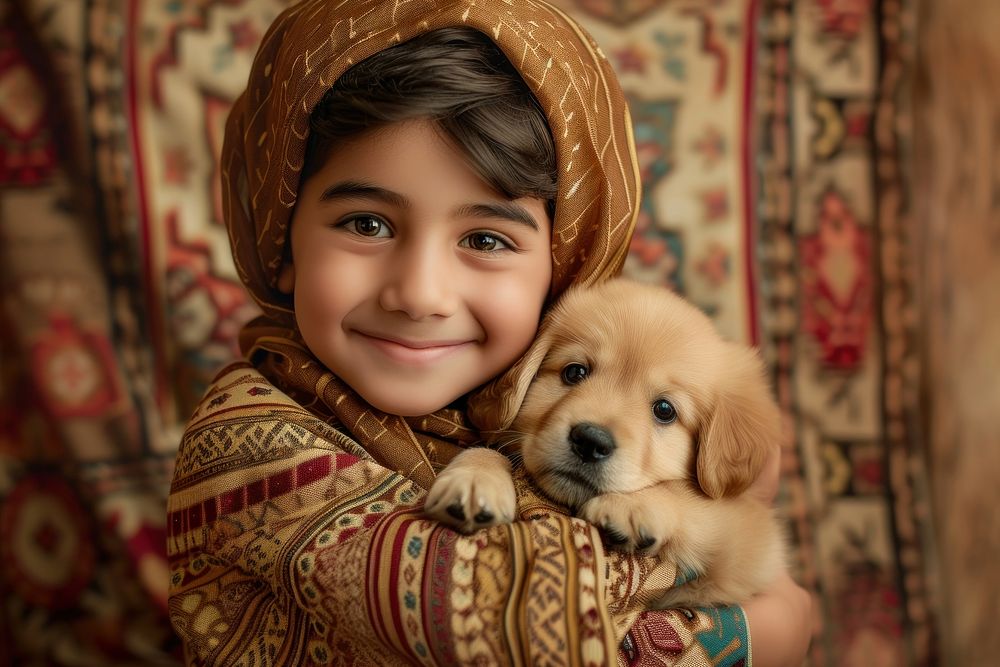 Middle eastern boy plating with puppy portrait smiling mammal.