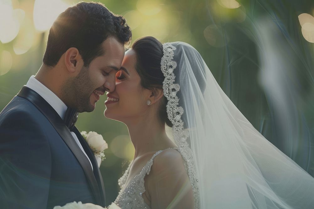 Middle eastern couple kissing in their wedding day portrait fashion smiling.