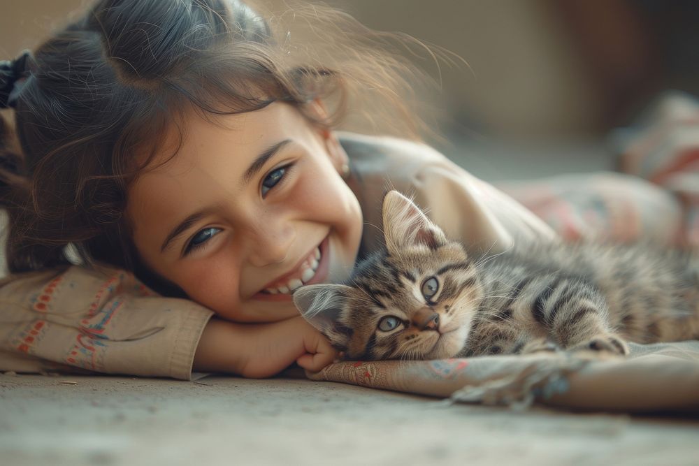 Middle eastern girl playing with kitten portrait smiling animal.