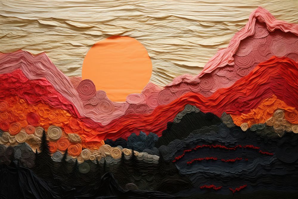 Sunrise landscape mountain painting.