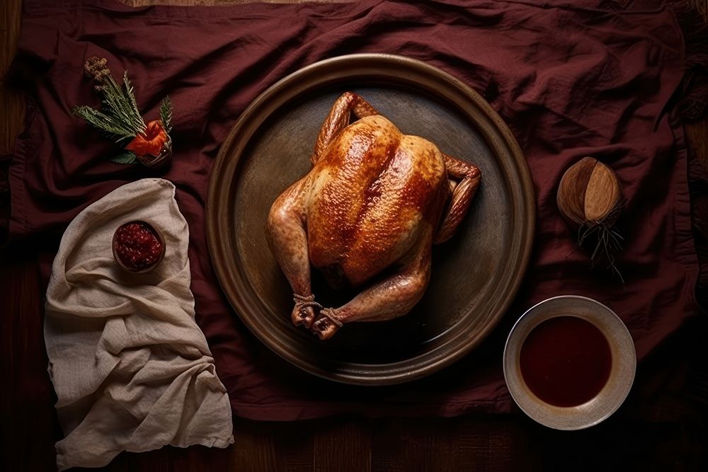 A roasted turkey on the table dinner plate meat. AI generated Image by rawpixel.