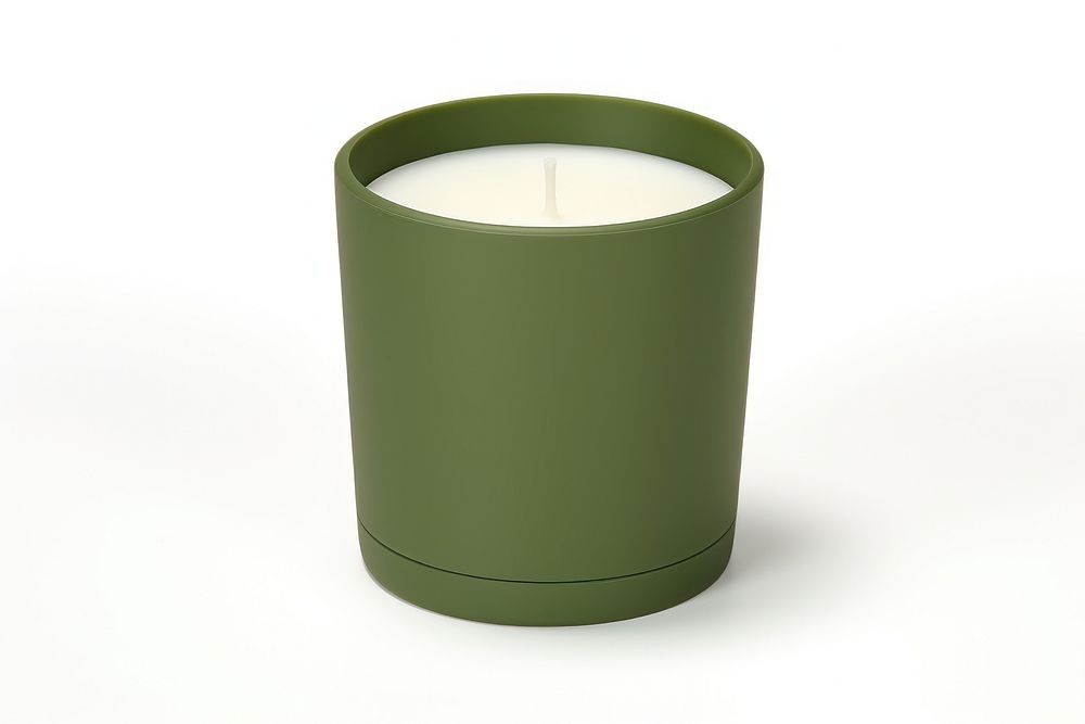 Ceremic candle jar in army green white background still life rectangle. AI generated Image by rawpixel.