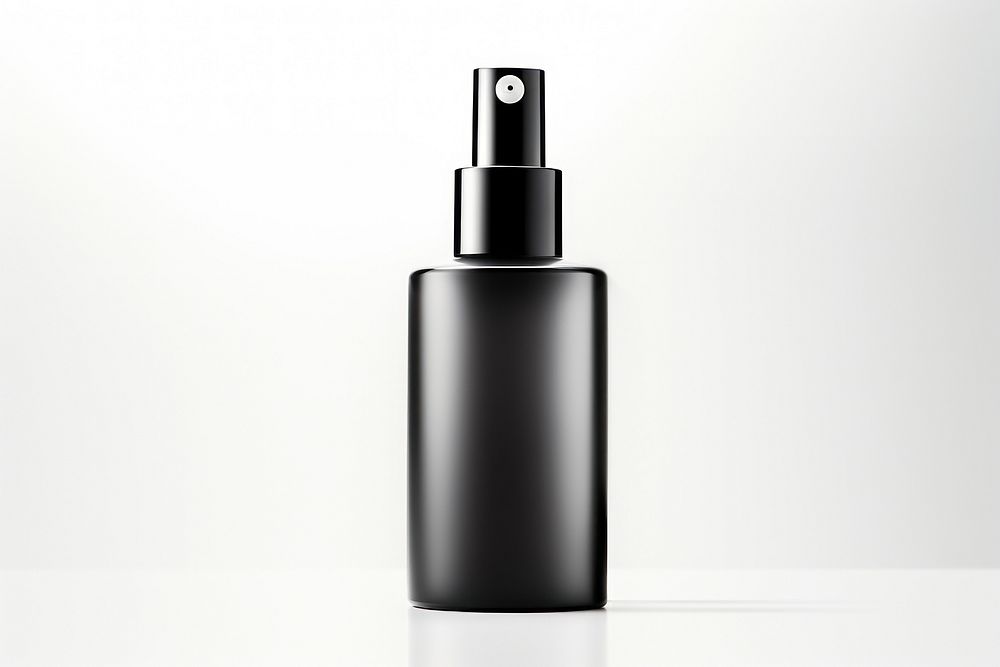 Cosmetic polished bottle with dispenser pump in black cosmetics perfume white background. AI generated Image by rawpixel.