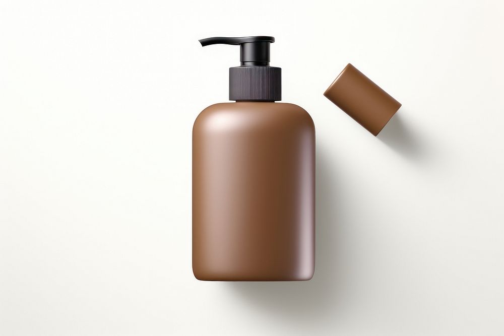 Transparent-Opaque SHAMPOO BOTTLE with pump in tea brown color bottle simplicity cosmetics. AI generated Image by rawpixel.