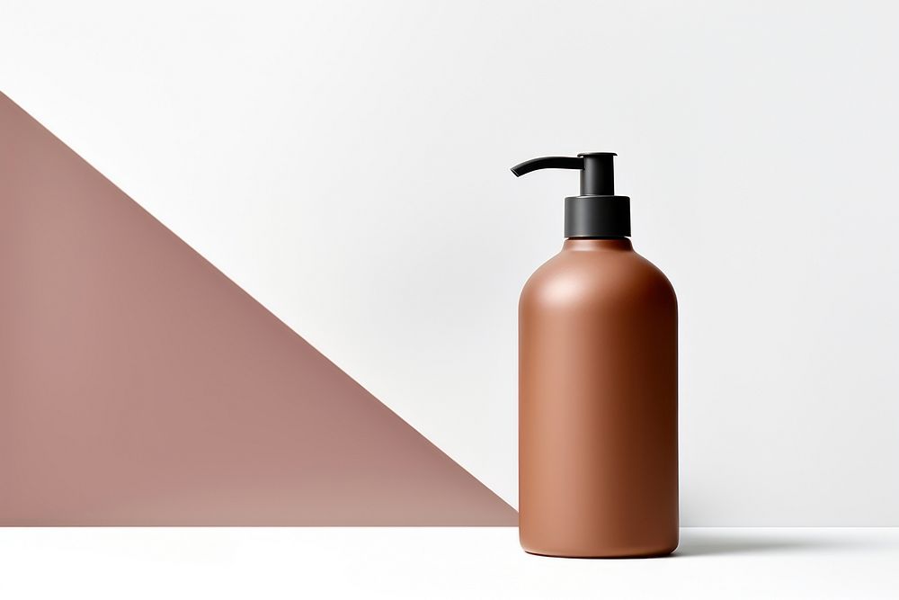 Transparent-Opaque SHAMPOO BOTTLE with pump in tea brown bottle cosmetics white background. AI generated Image by rawpixel.