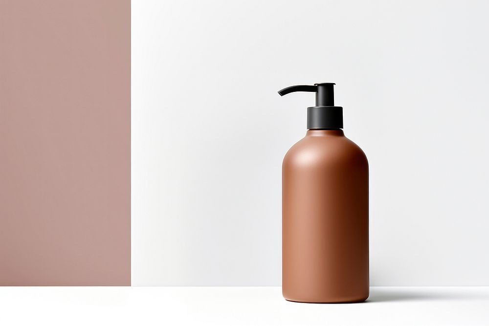 Transparent-Opaque SHAMPOO BOTTLE with pump in tea brown bottle cosmetics cylinder. AI generated Image by rawpixel.