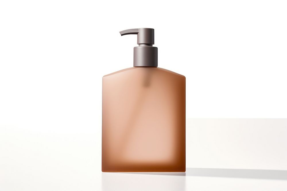 Transparent-Opaque SHAMPOO BOTTLE with pump in tea brown bottle simplicity cosmetics. AI generated Image by rawpixel.