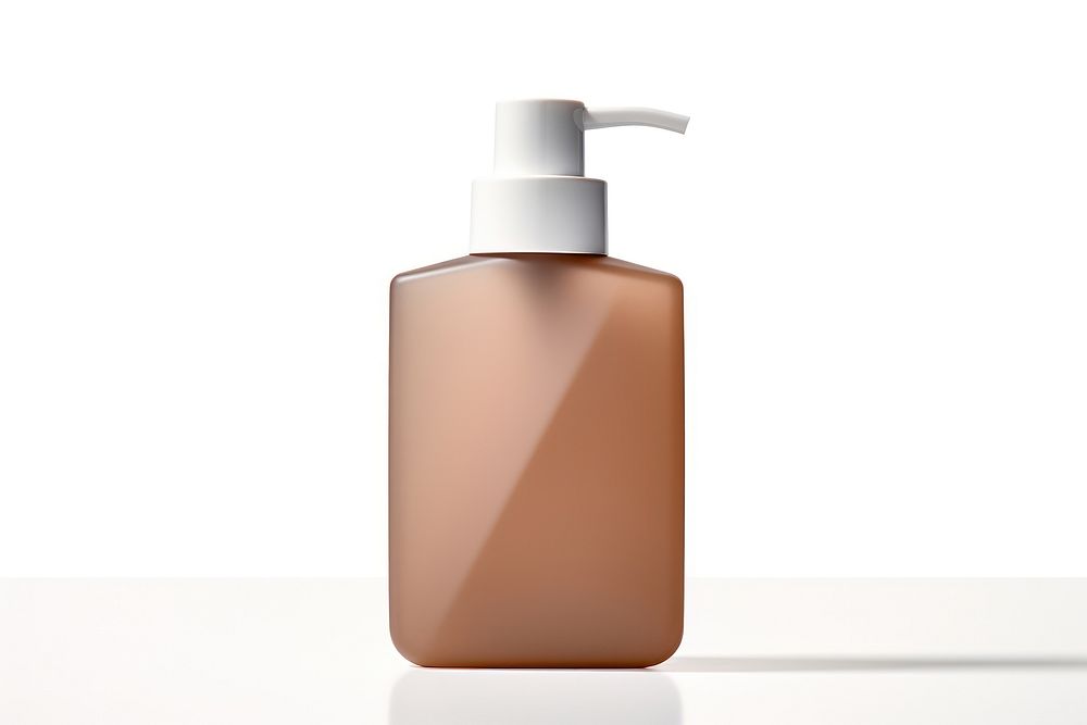 Transparent-Opaque SHAMPOO BOTTLE with pump in tea brown bottle simplicity white background. AI generated Image by rawpixel.