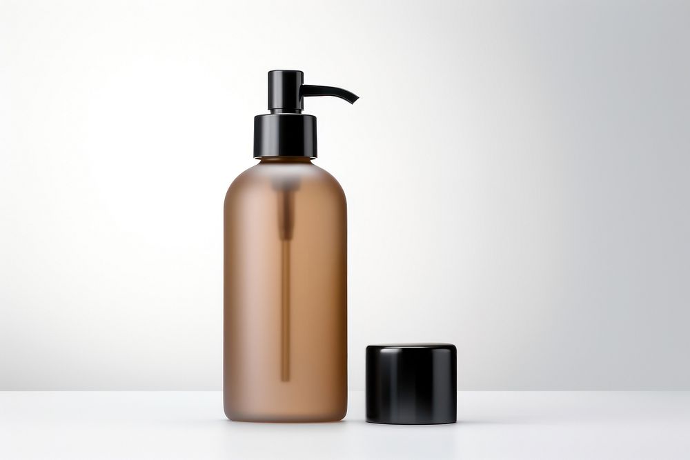 Transparent-Opaque SHAMPOO BOTTLE with pump in tea brown bottle cosmetics perfume. AI generated Image by rawpixel.