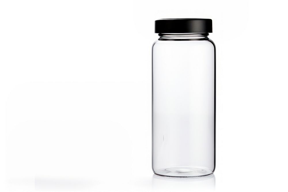 Water bottle in black color transparent glass jar.