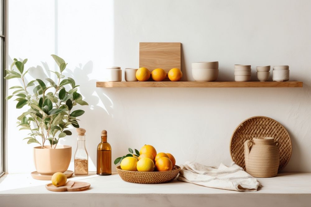 Bohemian Interior Design Style a small kitchen shelf fruit lemon.