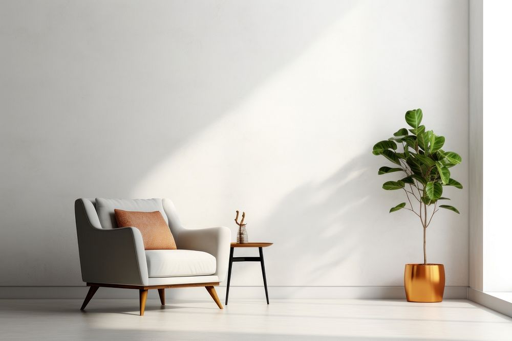 Minimal-Eclectic Interior Design Style of a livingroom furniture armchair plant.