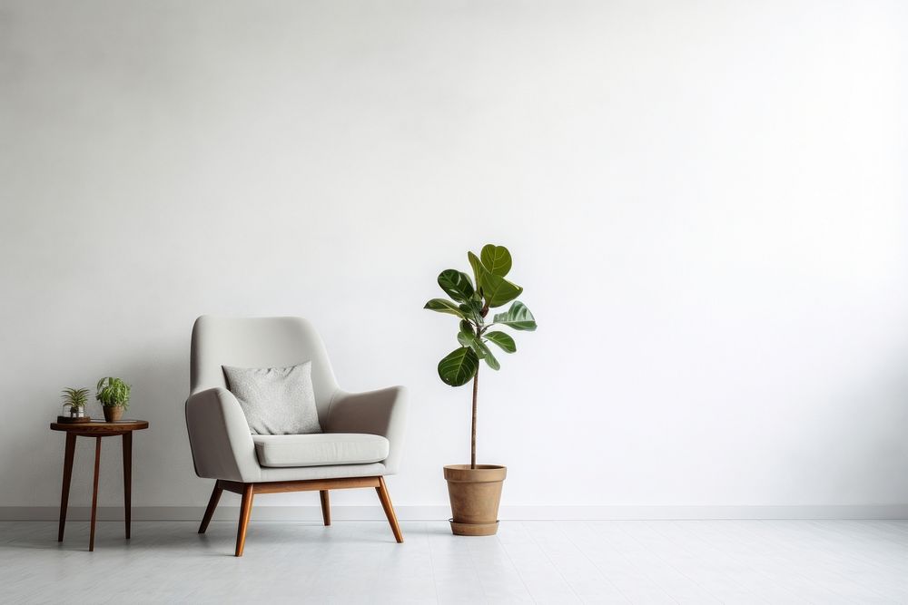 Minimal-Eclectic Interior Design Style of a livingroom furniture armchair plant.