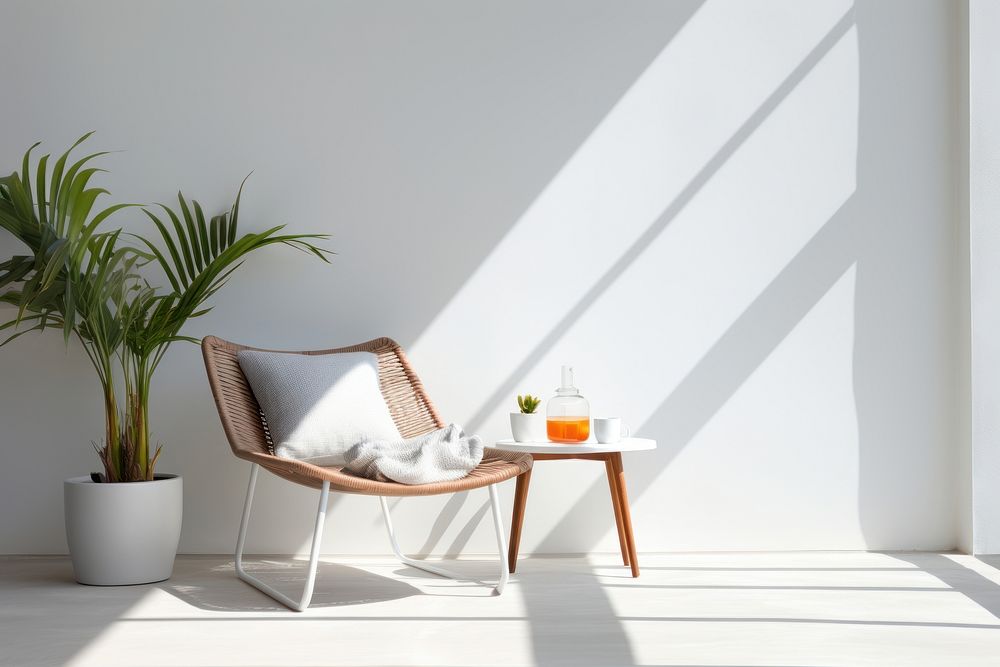 Scandinavian Interior Design Style of Balcony furniture chair plant.