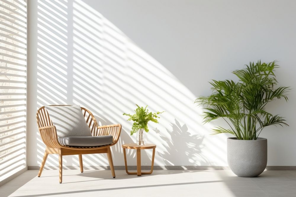 Scandinavian Interior Design Style of Balcony furniture chair plant.