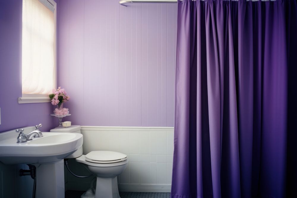 Bathroom curtain toilet purple.