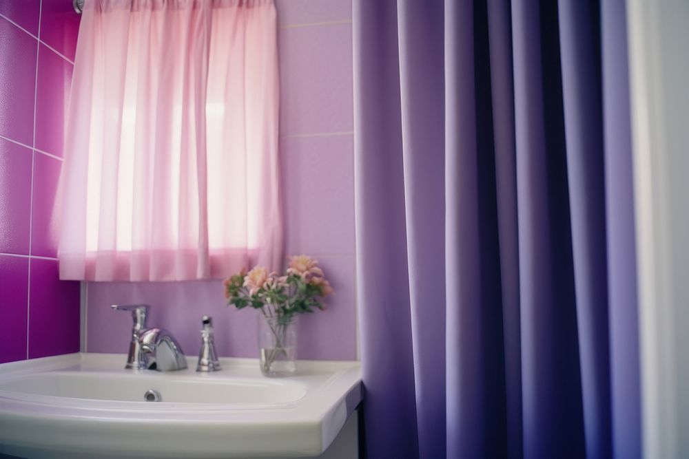 Bathroom curtain purple sink.