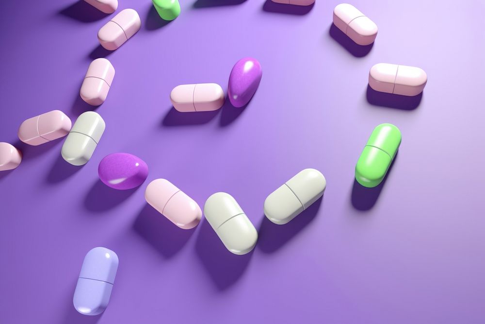Pills and capsules purple green antioxidant.