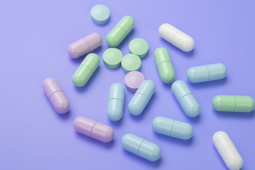 Pills and capsules purple green blue.