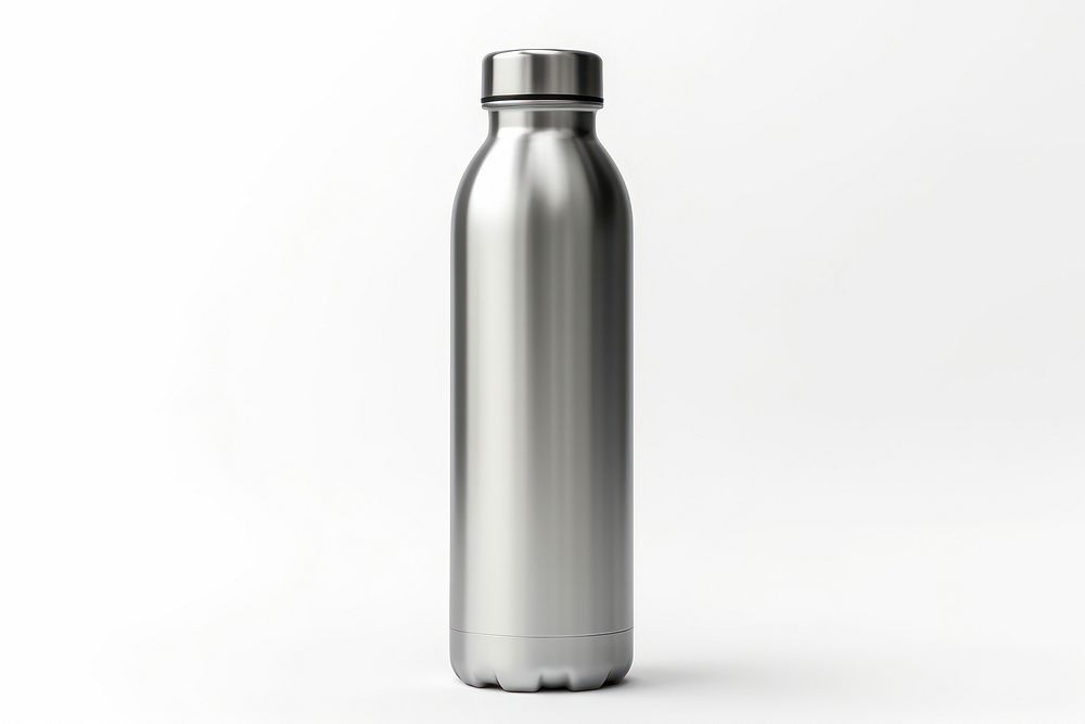 Water bottle Chrome material white background refreshment drinkware.