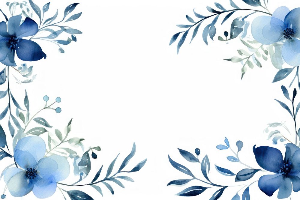 Blue pottery watercolor border nature pattern flower.