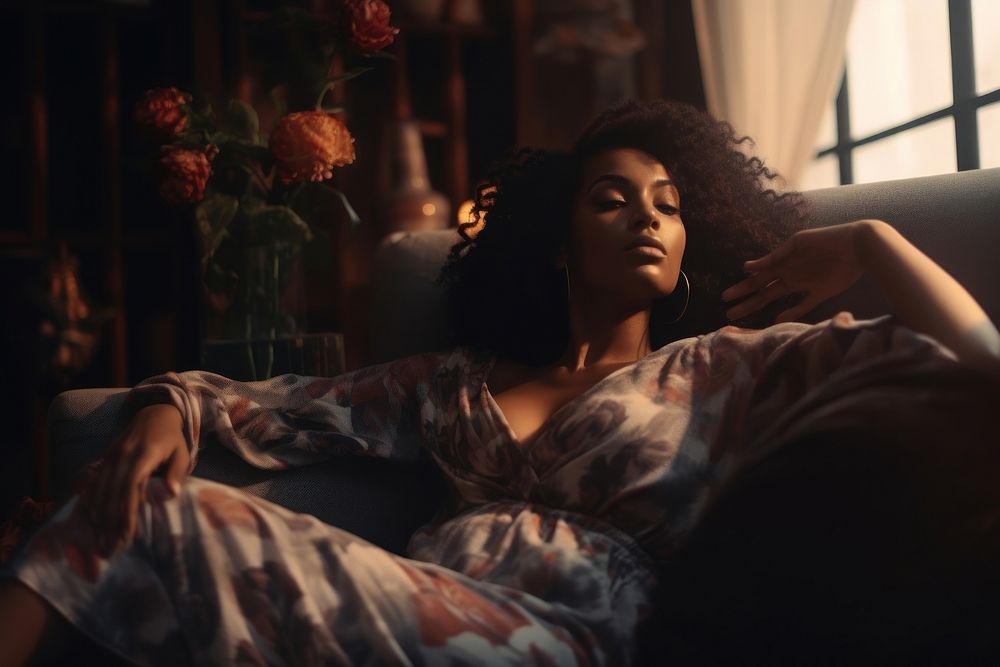 Black woman relaxing in living room adult contemplation relaxation. AI generated Image by rawpixel.
